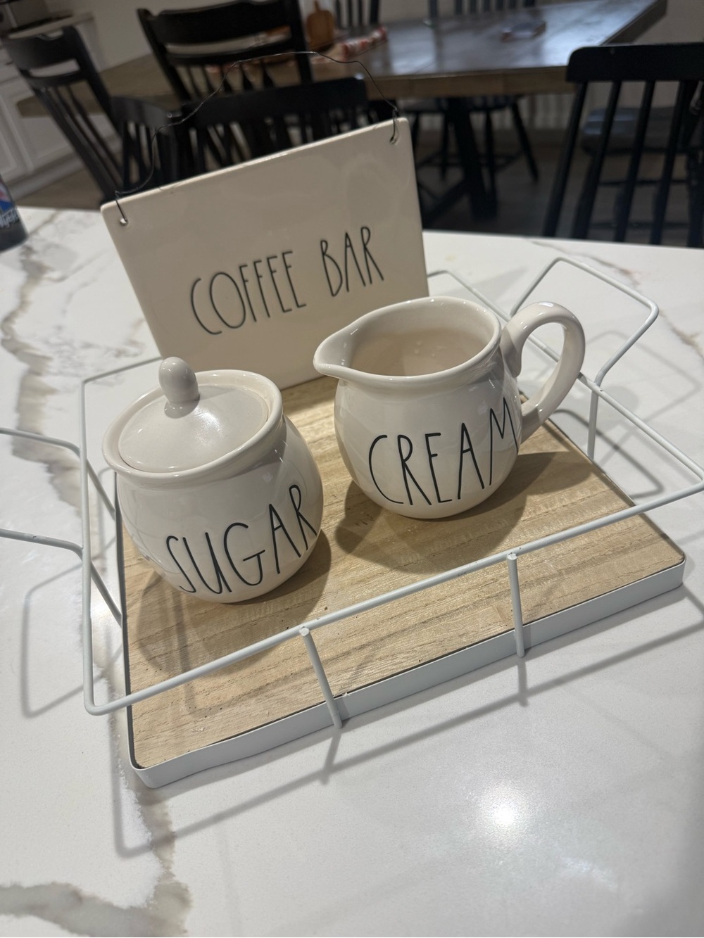 Rae Dunn White Ceramic 'CREAM' Pitcher and 'SUGAR' Jar Set ‘COFFEE BAR’ sign